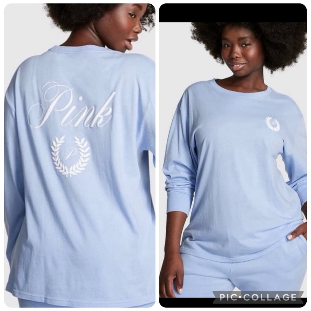 Victoria’s secret pink long sleeve campus tee sz med baby blue crest logo